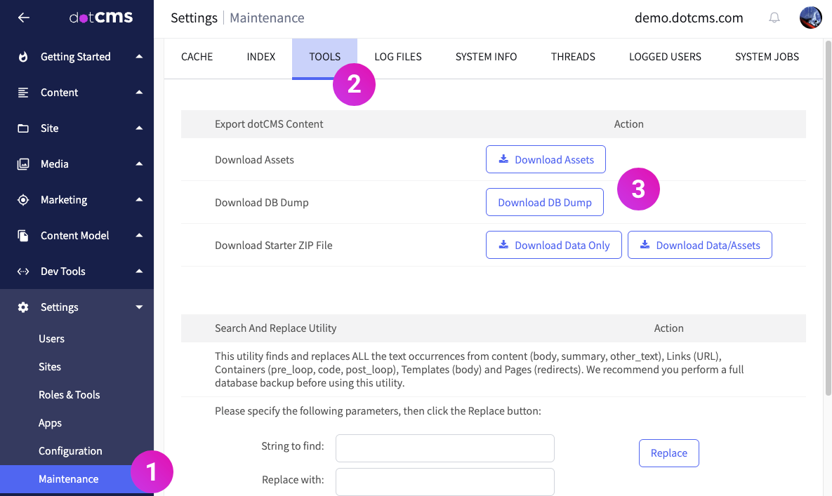 Screenshot of the Export section of the Maintenance Pane.