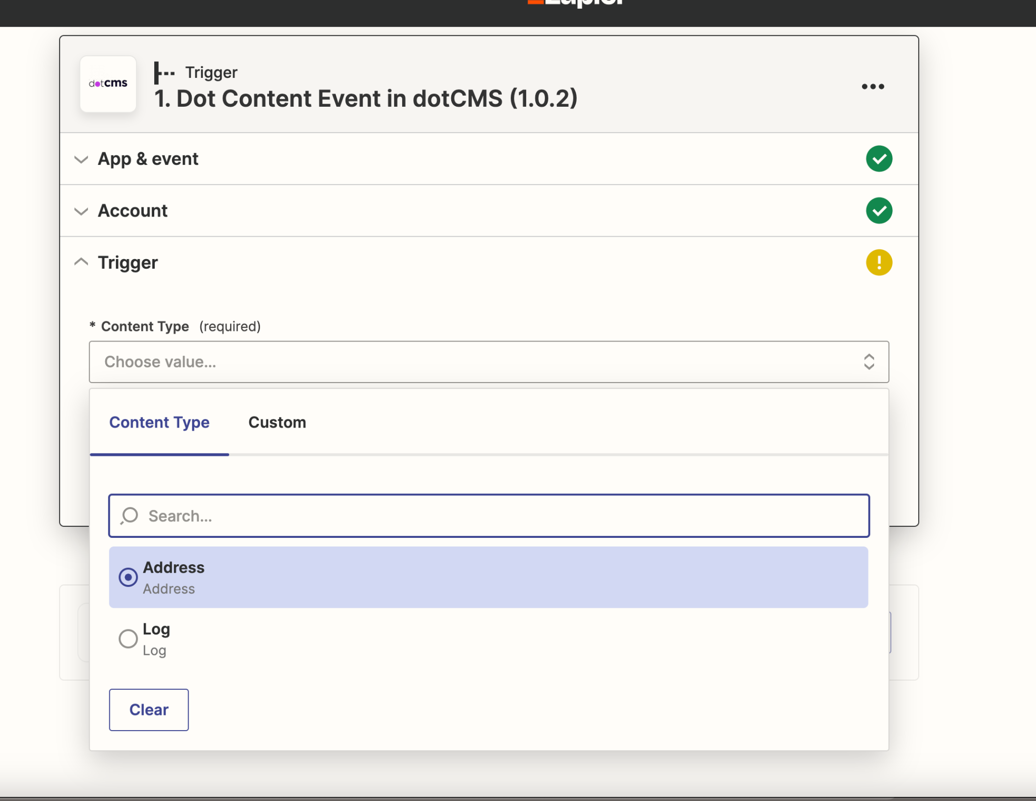 Selecting a content type from Zapier's side.