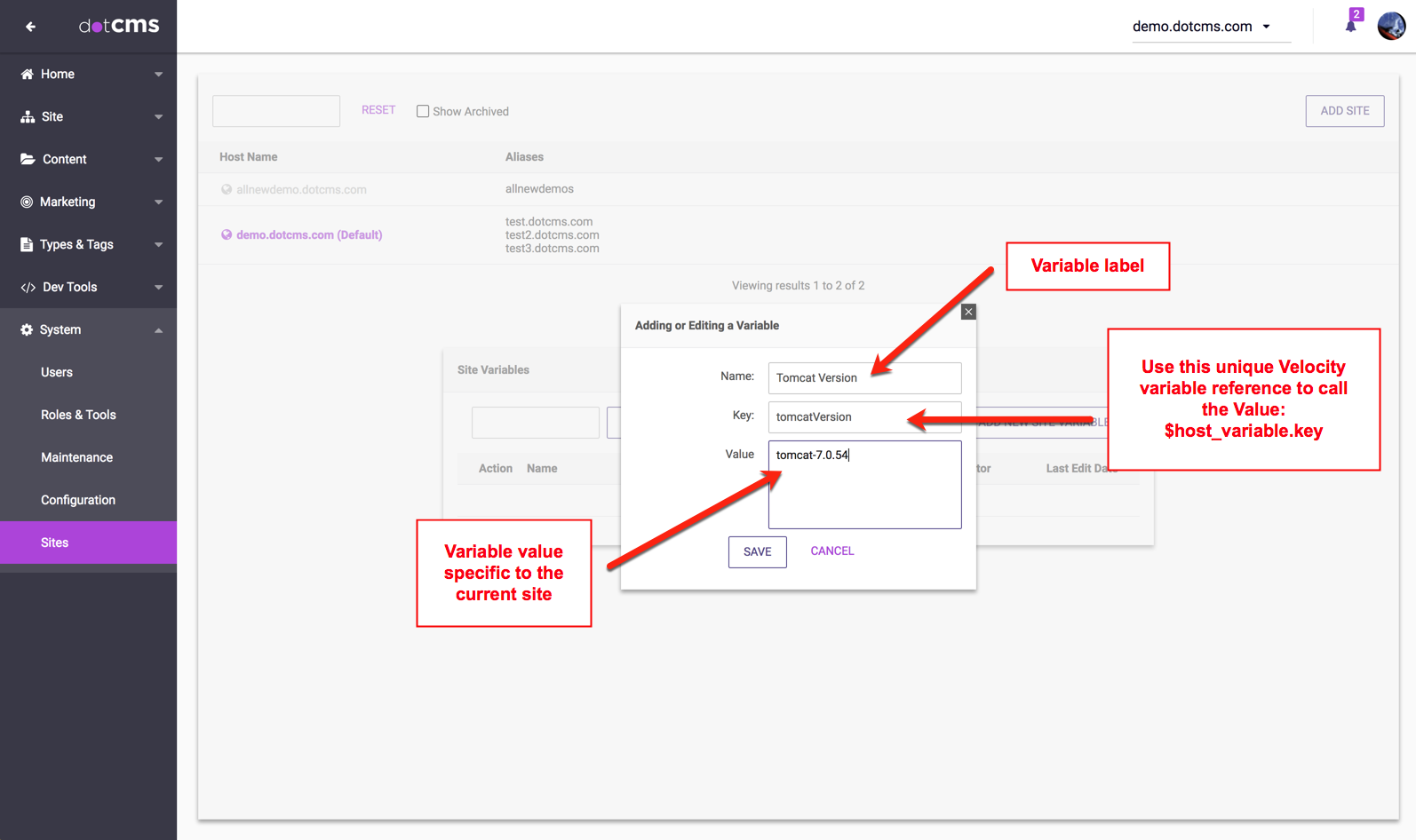 The Adding or Editing a Variable popup