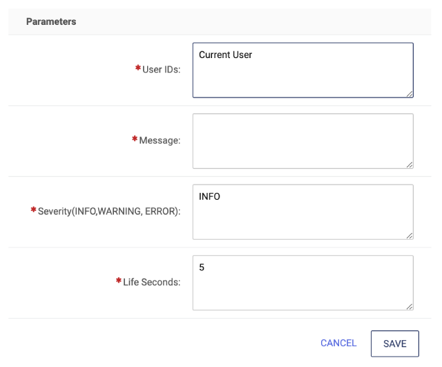 Display of Message Sub-Action specifying ttl of 5 and severity of INFO.